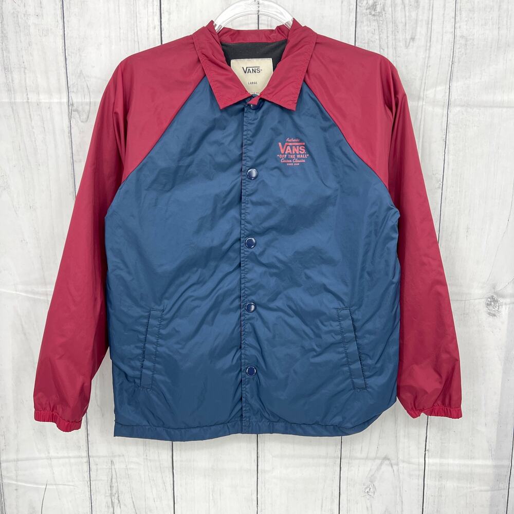 VANS Boys LARGE Torrey Coach Red Navy Blue Snap Front Windbreaker Jacket Skater